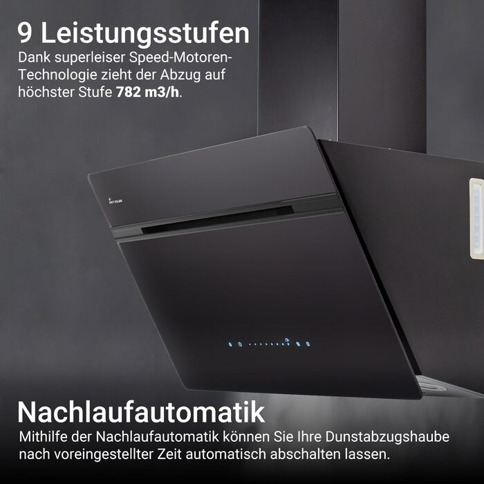 Витяжка для кухні KKT Kolbe Aurora 60 см, чорне скло, 782 м³/год, з WiFi, RGBW LED-підсвіткою та сенсорним керуванням, режим рециркуляції та відводу (AURORA6005FB)