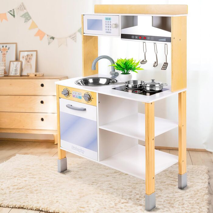 Дерев'яна дитяча кухня Kinderplay з LED та звуками приготування їжі, регульована висота 92–107 см, ігровий набір для дітей від 3 років, повний комплект з аксесуарами, світло-сірий колір (Modern - Weiß)
