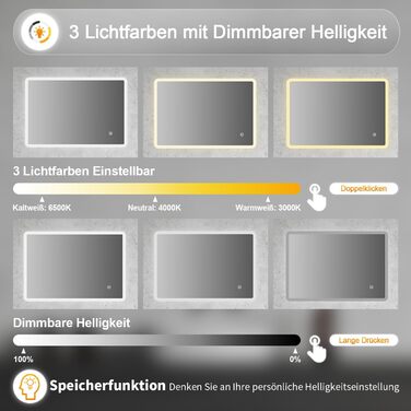 Дзеркало для ванної кімнати BD-Baode з LED-підсвічуванням 40x60 см, сенсорне керування, 3 режими освітлення, прямокутна форма