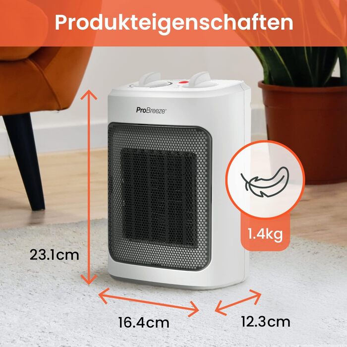 Керамічний обігрівач Pro Breeze 2000W з термостатом, електричний конвектор з 3 рівнями нагріву та захистом від перегріву, білий