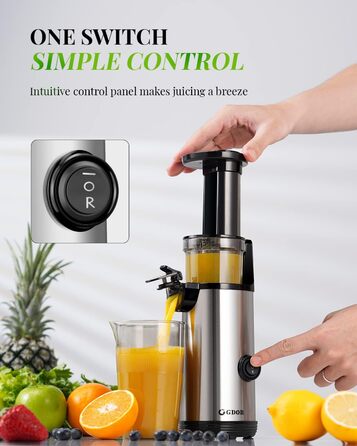 Соковитискач GDOR компактний, потужний Slow Juicer для овочів і фруктів, 600 мл, тиха робота, легке очищення, BPA Free, щітка в комплекті, висока віддача соку