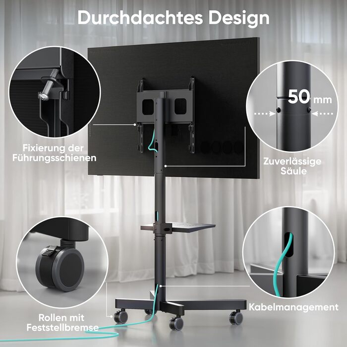 Мобільна стійка для телевізора ONKRON 23-60'' до 40 кг, з колесами, регульована висота, чорна, VESA 400x400, TS1137-B