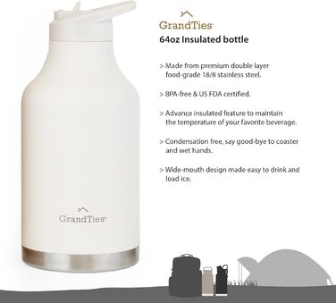Термопляшка GRANDTIES 946ml з широким горлом та двома кришками, білий колір, для чоловіків та жінок