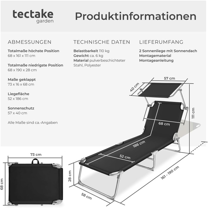 Шезлонги для саду Tectake (2 шт.) з сонцезахистом, розкладні, для балкона/тераси, регульована спинка, до 110 кг, чорний