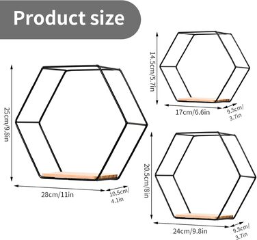 Набір настінних полиць Panthem Hexagon, 3 шт., металеві, чорні - Loft стиль для вітальні, спальні, ванної кімнати, кафе, готелю