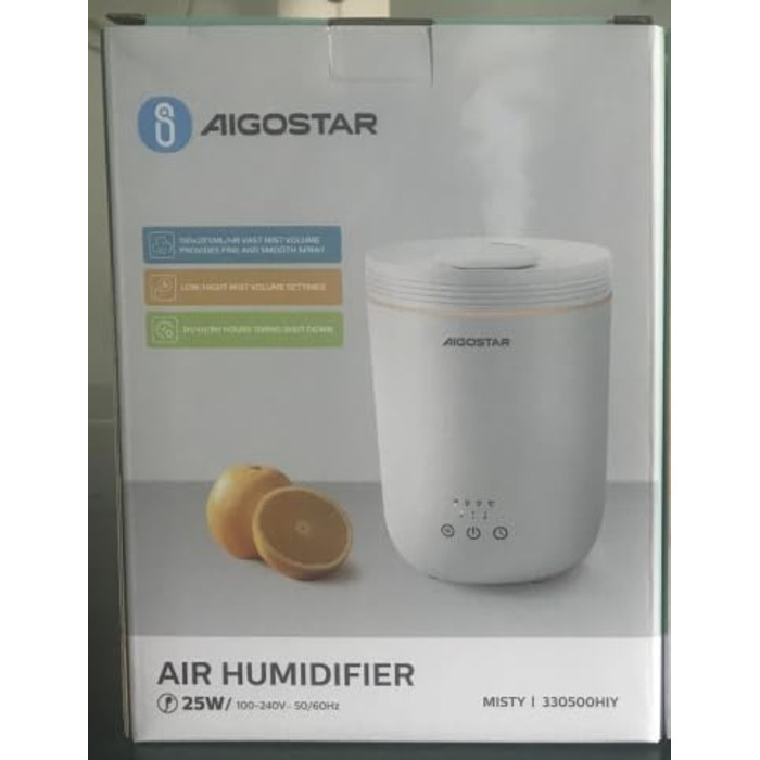 Зволожувач повітря Aigostar для спальні, 2,5 л, ультразвуковий, тихий, з регулюванням вологості, дифузор для олій, 7 кольорів підсвітки, до 25 годин роботи