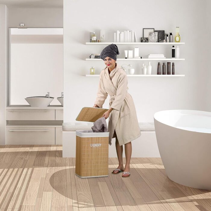 Бамбуковий кошик для білизни Relaxdays з кришкою, 60 л, складаний, прямокутний, з мішком та принтом, 60x40x30 см, натуральний