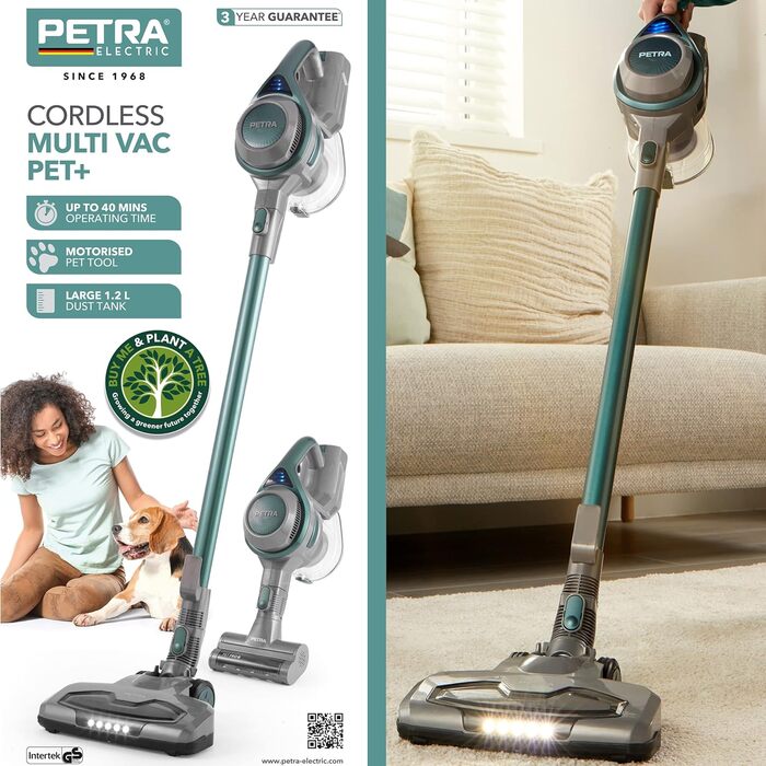 Пилосос для прибирання шерсті Petra Pet+ PF01195VDEEU7, бездротовий 2-в-1 вертикальний та ручний, акумулятор 22,2В, легкий, 40 хв роботи, LED-щітка, насадка для тварин, сріблясто-блакитний