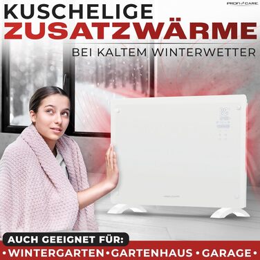 Електричний конвектор ProfiCare PC-GKH 3118 зі скляною панеллю та X-подібним нагрівальним елементом, мобільний обігрівач з можливістю настінного монтажу, 2 режими потужності, безшумний, білий