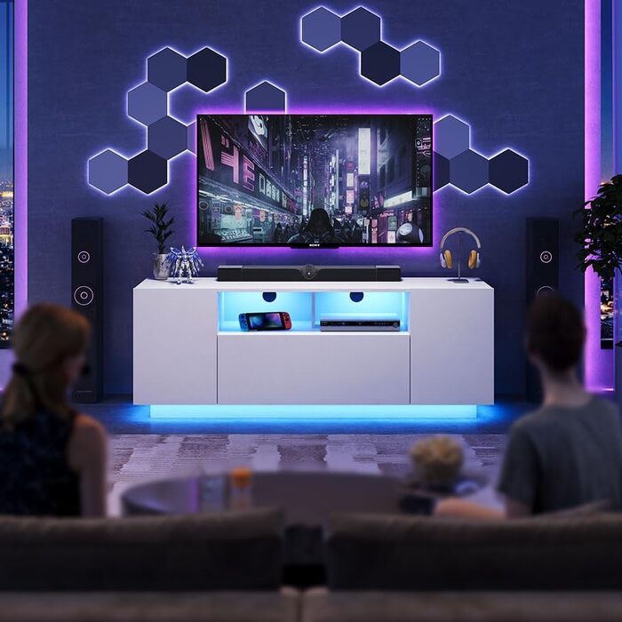 Тумба під телевізор WLIVE з LED підсвіткою, глянцева, 122x36x45 см - 20 кольорів, шафи та відкриті полиці, відкидні дверцята, біла