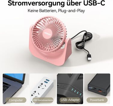 VOXON USB вентилятор міні настільний з 5 швидкостями, рожевий. Тихий USB-вентилятор для офісу, дому, спальні. Кабель 1,5м, без батарейок