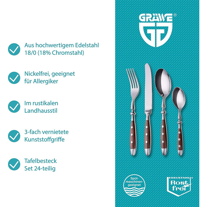 Набір столових приборів GRÄWE Nürnberg для 6 осіб, 24 предмети, нержавіюча сталь, ковані, важкі, з коричневими ручками, стиль рустик