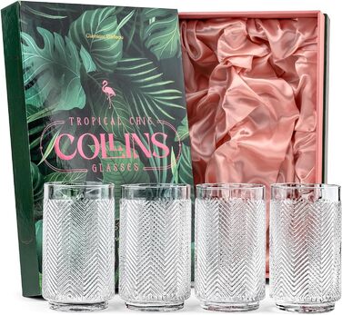 Набір склянок GLASSIQUE CADEAU Vintage Flamingo для коктейлів, 340 мл, 4 шт – кришталеві лонгдрінк та хайбол для Мохіто, Кайпірінья, тропічних і тіки коктейлів