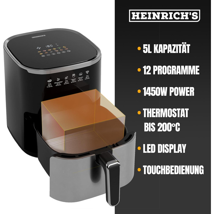 Аерофритюрниця HEINRICHS XXL 9L 10-в-1 з LED-дисплеєм та сенсорним керуванням, потужність 1800W, кошик, що миється в посудомийній машині