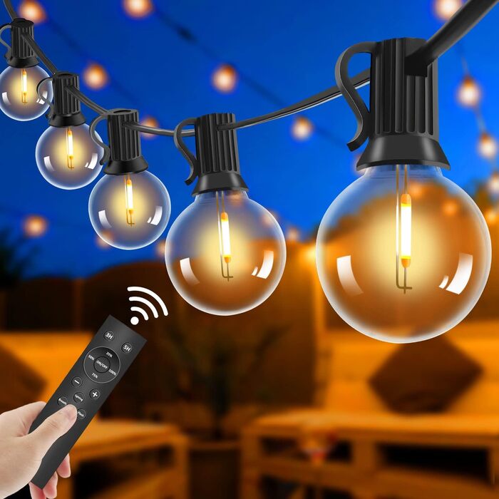 LED гірлянда для вулиці з пультом керування, 15м, G40, диммування, 4 режими, таймер, вологостійка, для саду, балкону, тераси, вечірки, кемпінгу, весілля