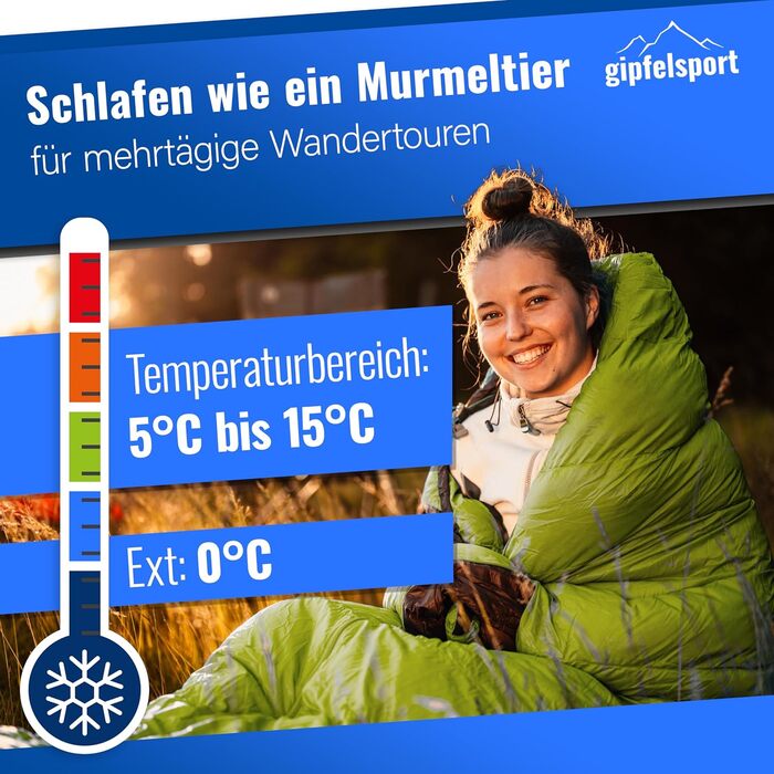 Ультралегкий спальний мішок Gipfelsport 4 сезони (мумія), від -20°C до 15°C, для кемпінгу, трекінгу та outdoor, зелений
