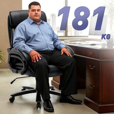 Крісло офісне шкіряне COLAMY XXL для дому та офісу, чорне - широке сидіння 59 см, регульовані підлокітники, витримує до 181 кг