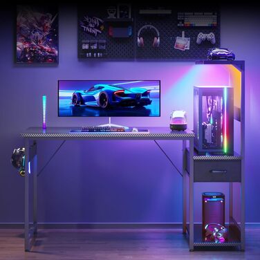 Ігровий стіл Coleshome з LED підсвіткою 120x48 см, чорний карбон: стіл для комп'ютера з шухлядами та полицею, тримачем для навушників