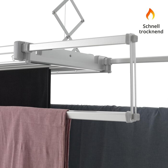 Електричний сушарка для білизни та ковдр Foxydry Pro 160 см, алюмінієва, з дистанційним керуванням, підігрівом повітря та LED-підсвіткою, сіро-срібляста