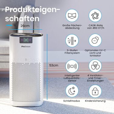 Очищувач повітря Pro Breeze з HEPA 13, UV-C лампою, іонізатором та вугільним фільтром, CADR 460 м³/год, для великих приміщень до 140 м², до 99,95% очищення