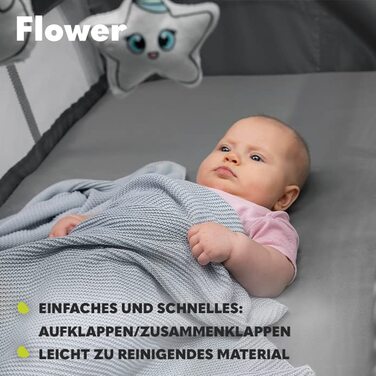 Дитяче ліжечко-манеж Lionelo Flower 4-в-1 з боковим входом, пеленатором, двома рівнями висоти, ігровою дугою, колесами та сумкою для перенесення