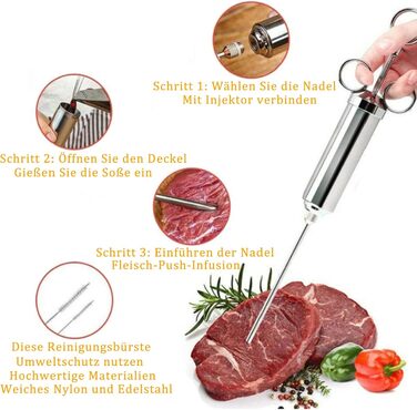 Набір для маринування м'яса BBQ Select Zone: ін'єктор зі сталі 304, 3 голки, пензель, кігті для м'яса та термометр для гриля