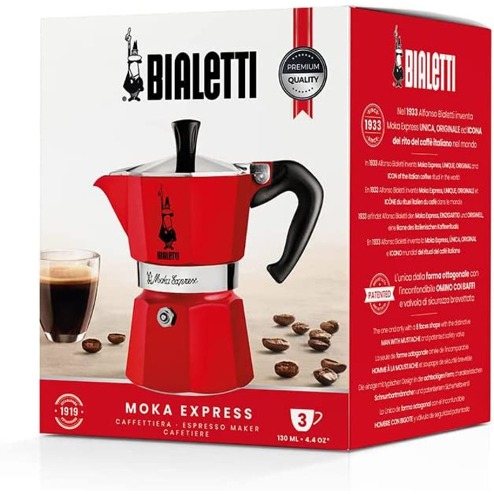 Кавоварка Bialetti Moka Color для плити, 3 чашки, алюміній, червона, італійська еспресо-кавоварка