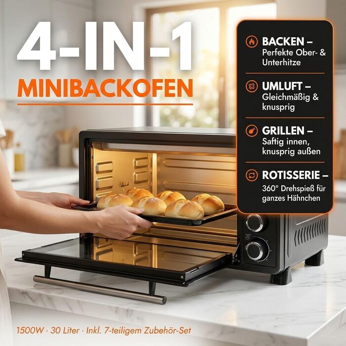 Міні-духовка Sommertal з конвекцією та фритюрницею 30л, 1800W для випічки, грилю та піци