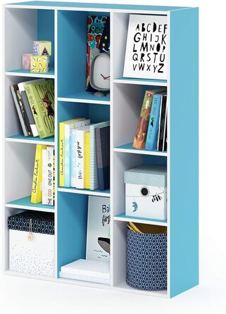 Книжкова шафа Furinno Luder на 11 секцій, біла/блакитна, відкриті полиці