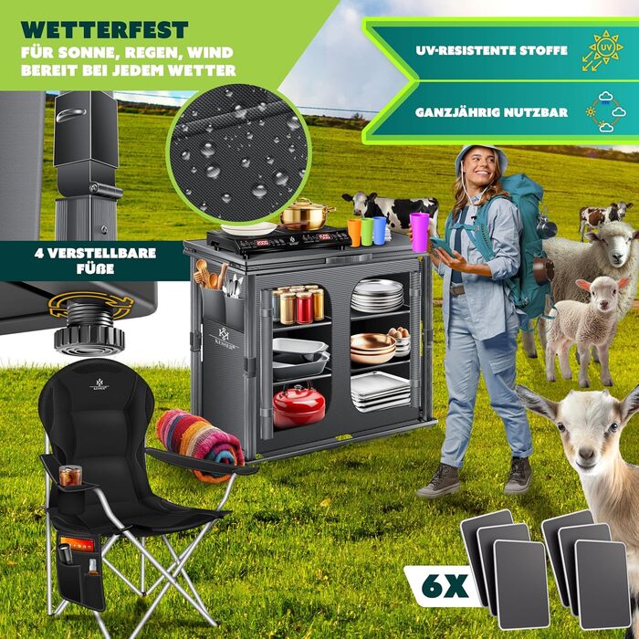 Кухня для кемпінгу KESSER® складна | Шафа для кемпінгу 84x80 см | Кухня з алюмінієвим каркасом, 6 відділень (вкл. набір з 4 склянки), бічні кишені та москітна сітка | Кухня для кемпінгу з UV-стійкої тканини, 6 полиць, антрацит