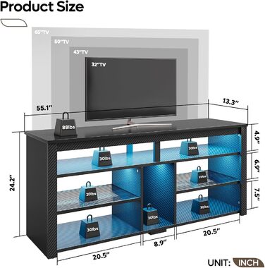 Стійка під телевізор Bestier 70" з підсвіткою LED, тумба для PS5, сучасний ТВ-шаф для вітальні/спальні (140x33.8x61.5 см, чорна карбонова текстура)