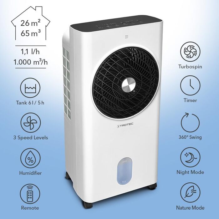 Trotec Aircooler PAE 31: Мобільний 3-в-1 Повітряний Охолоджувач, Зволожувач та Вентилятор, 6л, 1л/год, 3 швидкості, Таймер, Нічний режим