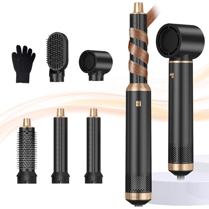 UKLISS Hairstyler 6 в 1: Професійний набір для укладки волосся (фен-щітка, плойка, випрямляч) 1000W, срібно-золотий