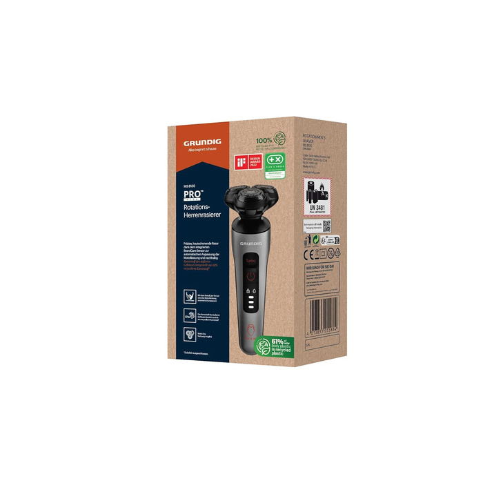 Електробритва Grundig ProClub MS 8130 для чоловіків, сенсор BeardCare, титанові леза, вологе та сухе гоління, корпус з 61% переробленого пластику, чорний/червоний/титан