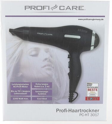 Фен ProfiCare PC-HT 3017, 2200 Вт, з функцією холодного повітря, захистом від перегріву, професійний мотор, чорний, довжина кабелю 2 м, Soft-Touch корпус