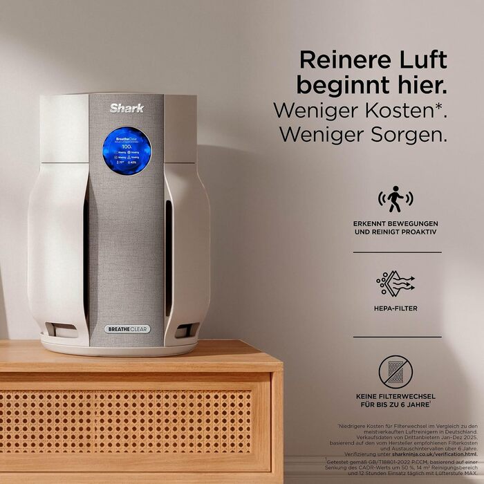 Очищувач повітря Shark BreatheClear Dove HP162EU з HEPA-фільтром NeverChange, автоматичним сенсором для середніх приміщень до 27 м²