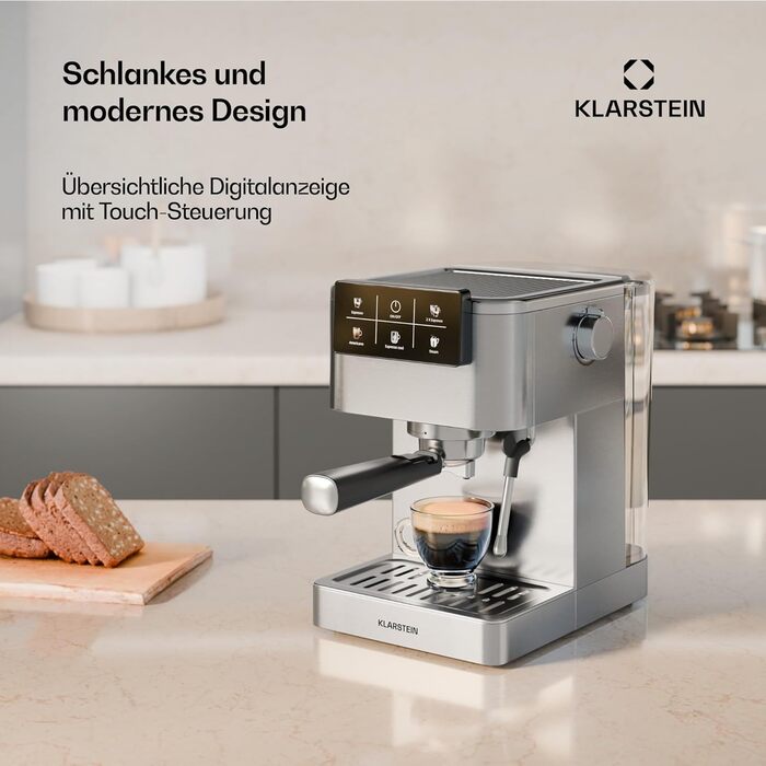 Klarstein SteelPresso Touch: Еспресо-машина з нержавіючої сталі, 20-бар, 1350 Вт, з інтегрованим капучинатором та сенсорним дисплеєм