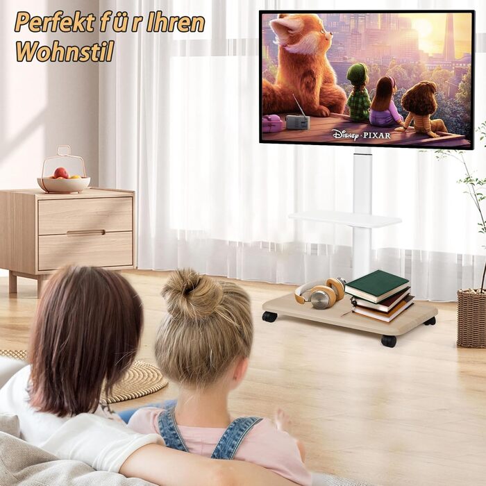 Мобільний ТВ-стіл Hellsehen для LED/LCD/OLED телевізорів 32-70 дюймів (до 45.4 кг), білий, з регулюванням висоти та блокованими колесами