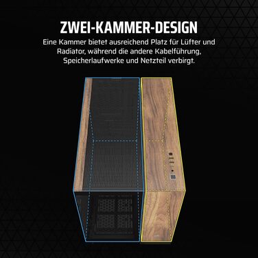 Корпус для ПК CORSAIR 2500X mATX, подвійна камера, загартоване панорамне скло, сумісний з реверсивним підключенням материнської плати, без вентиляторів, чорний/горіх