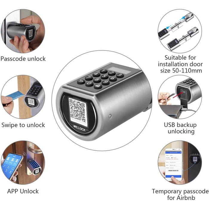 Електронний дверний замок WELOCK PCB01 з паролем, RFID-карткою та Bluetooth, водонепроникний, для дверей 50-100 мм