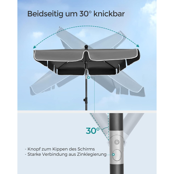 Парасолька від сонця SONGMICS 180 x 125 см для балкона та тераси, захист UPF 50+, регульована висота та нахил 30°, сіра, без стійки, GPU180G01