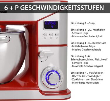 Кухонна машина Syntrox Ziglus 10 л, 2000 Вт, м’ясорубка, багатофункціональна, нержавіюча сталь, червона