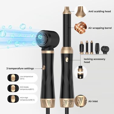 UMIGA Airstyler 5 в 1: Фен-щітка, кругла щітка, плойка та випрямляч для волосся 1000 Вт, 3 режими нагріву, рожево-чорний
