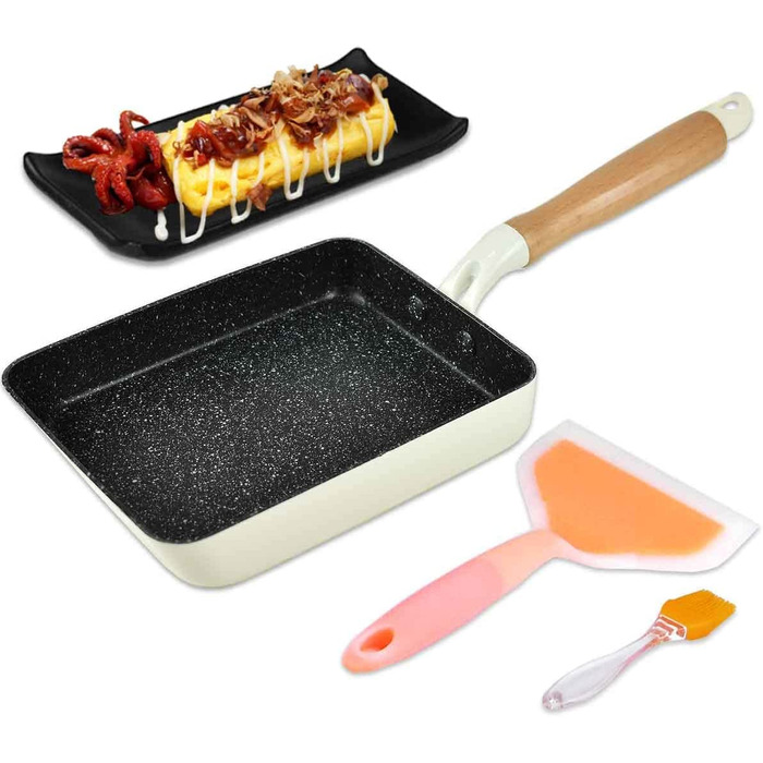 Японська сковорода для омлету Artcome Tamagoyaki з антипригарним покриттям, сіра, у комплекті з формою, силіконовою лопаткою та пензлем