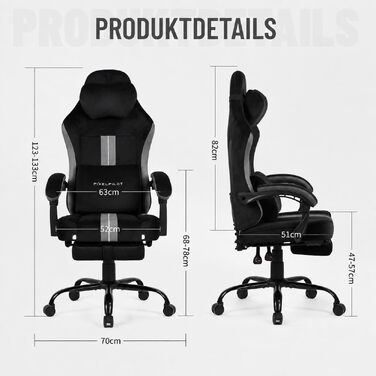 Ігрове крісло PixelPilot Ergonomic з підставкою для ніг, дихаюча тканина, підголівником та поперековою підтримкою, посилене до 150 кг, чорне