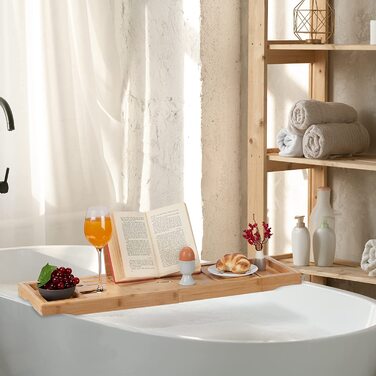 Підставка для ванни Relaxdays з бамбука, розсувна, з тримачем для книги, келиха, мила та аксесуарів, натуральний колір