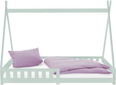 Дитяче ліжко Tipi 70x140 см, світло-сіре, з бортиком і ламелями, масивна сосна, індіанський стиль, будиночок із парканчиком для дівчаток і хлопчиків