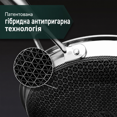 Сковорода HexClad гібридна антипригарна 20 см, індукційна, з холодною ручкою, для всіх плит, придатна для духовки та посудомийки