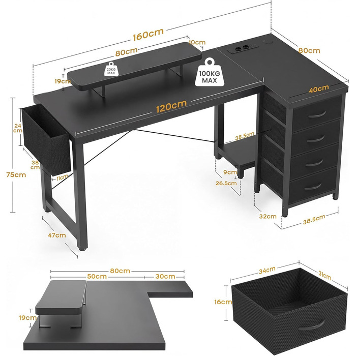 Кутовий комп'ютерний стіл Claiks з 4 ящиками та USB-роз'ємом, 140x80 см. Офісний стіл L-подібної форми з полицею для монітора (Чорний, 160x80 см)