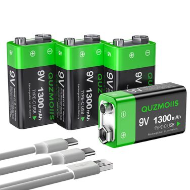 Акумулятори 9V Li-ion 1300mAh перезарядні батарейки з USB-C портом для мультиметрів та датчиків диму, 4 шт.